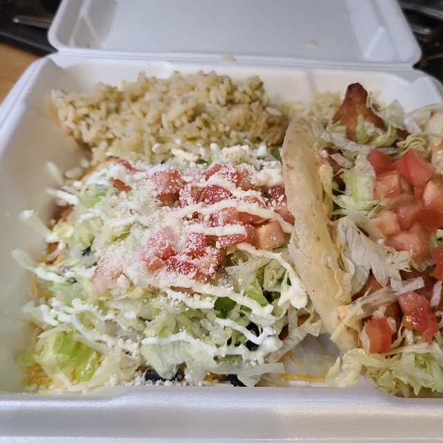 Fried Cauliflower Taco and Cheese Tostada.